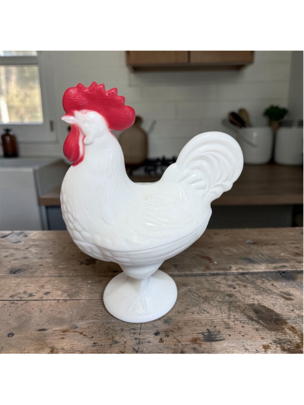 Vintage Westmoreland Milk Glass Rooster Candy Dish Pedestal Hand Painted Chicken